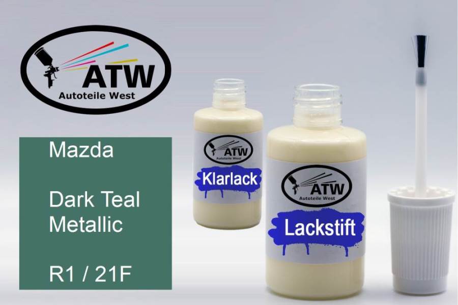 Mazda, Dark Teal Metallic, R1 / 21F: 20ml Lackstift + 20ml Klarlack - Set, von ATW Autoteile West.